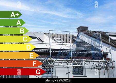 Échafaudages et panneaux solaires sur le toit d'une maison individuelle à Essen, classes d'efficacité énergétique selon le GEG, Essen, Allemagne, Europe Banque D'Images