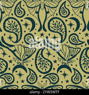 Motif sans couture crème et sarcelle avec motif céleste luna Moth et Paisley Illustration de Vecteur