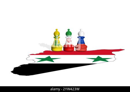 Échecs fabriqués à partir de drapeaux du Hezbollah, de l'Iran et de la Russie avec drapeau syrien Banque D'Images