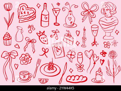 Fantaisiste coquette nourriture et vin fond rouge et rose. Concept la dolce vita. Éléments de conception pour les cartes de voeux Saint-Valentin, mariage Illustration de Vecteur
