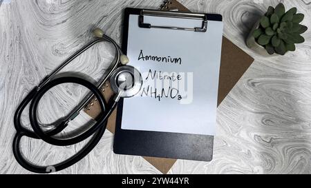 Concept de nitrate d'ammonium NH4NO3 écrire sur la paperasse isolé sur la table en bois. Banque D'Images