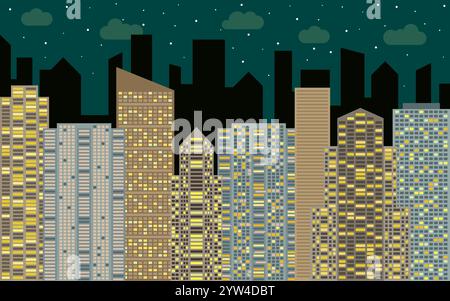 Paysage urbain nocturne. Vue sur la rue avec paysage urbain, gratte-ciel et bâtiments modernes à la journée ensoleillée. Espace de ville dans le concept de fond de style plat. Illustration de Vecteur