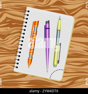 Cahier, stylo orange, stylo violet et stylo jaune sur une table en bois Illustration de Vecteur