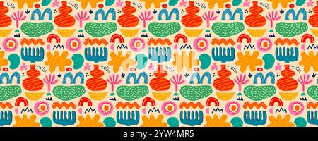Motif abstrait sans couture avec des formes de crayon de couleur, des figures et des blobs de forme libre. Vecteur moderne à la mode fond sans couture avec diverses plantes et Illustration de Vecteur