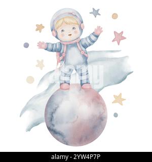 Illustration aquarelle de l'enfant astronaute debout sur une planète pastel, entouré d'étoiles et de tourbillons cosmiques. Dessin de Kid an Space pour l'art de la pépinière, les cartes d'anniversaire ou les invitations de douche de bébé. Banque D'Images