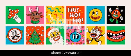 Mini cartes ou autocollants de Noël de style rétro avec des personnages et des objets de Noël groovy. Idéal pour Noël et nouvel an sticker designs et Illustration de Vecteur