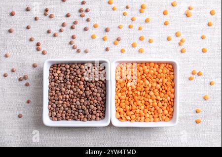Lentilles rouges et brunes séchées dans des bols blancs carrés sur lin. Lentilles de montagne décortiquées et non décortiquées avec des manteaux de graines brunes et des graines rouge orangé. Banque D'Images