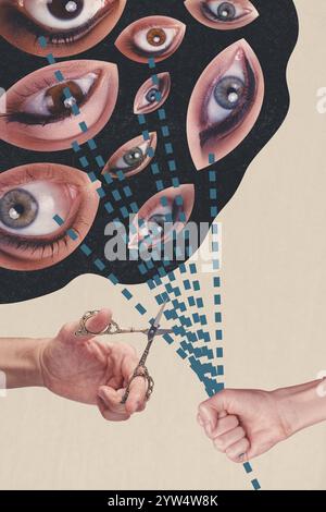 Modèle de collage de photos 3D tendance illustration composite de deux mains tenir rétro ciseaux ligne de contrôle couper oeil regarder à distance scrutiny coup d'œil Banque D'Images