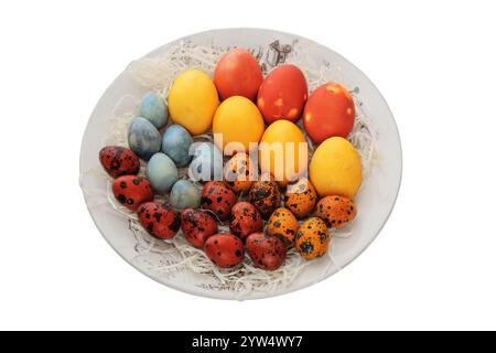 Oeufs de Pâques dans une assiette rustique. Isolez sur un fond blanc. Traditions de Pâques. Variété d'œufs peints. Décoration maison. Style campagnard. Banque D'Images