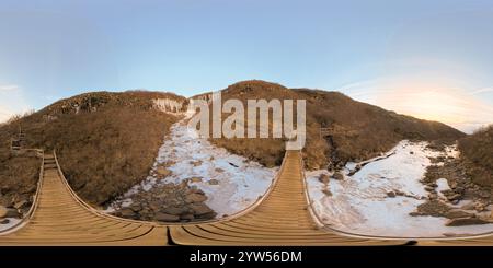 Vue panoramique à 360° de 360 chemin équirectangulaire du pont photo à Magnusarfoss rocheux et formations de glace Islande 2024