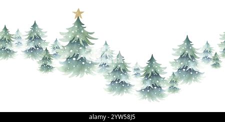 Épicéas de Noël recouverts de neige avec décoration étoile dorée, paysage d'hiver forestier. Sapins d'aquarelle dessinés à la main, frontière sans couture isolée pour le ruban d'emballage festif du nouvel an, bannière horizontale. Banque D'Images