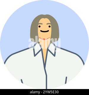 Femme professionnelle souriante avec des cheveux gris et une chemise blanche, placée sur un fond circulaire bleu clair, créant un avatar moderne et accessible Illustration de Vecteur