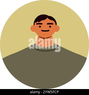 Illustration minimaliste d'un jeune homme souriant, avec un design simple avec un cadre rond et un fond Uni, parfait pour les photos de profil ou Illustration de Vecteur