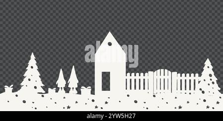 Carte de Noël au style scandinave découpée dans du papier. Fond infini blanc d'hiver avec gnomes drôles sous arbre de Noël, cadeaux et maison. Mo Illustration de Vecteur