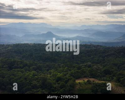 Des montagnes verdoyantes s'étendent à travers l'horizon, éclairées par la douce lumière du crépuscule, créant une atmosphère rurale calme. Banque D'Images