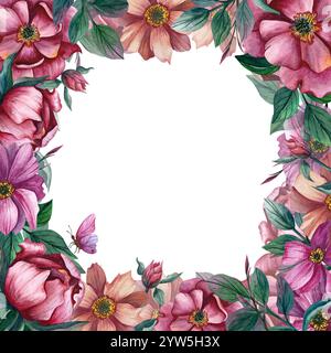 Fleurs cadre carré avec papillon et feuilles. Illustration d'aquarelle dessinée à la main sur fond blanc. Pour les cartes postales sur les Hollidays du printemps, 8 mars, Wom Banque D'Images