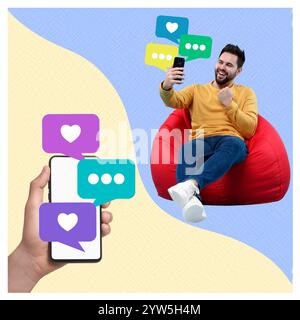 Gestionnaire de contenu, collage conceptuel créatif. Homme heureux avec téléphone portable assis sur la chaise de sac de haricot rouge. Notifications à proximité de l'appareil Banque D'Images