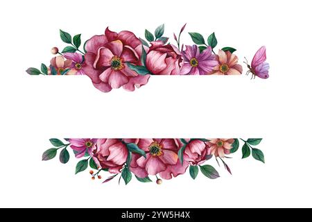 Cadre rectangulaire avec fleurs et papillon. Illustration aquarelle sur fond blanc. Pour les bannières de printemps et le modèle pour l'invitation de mariage ou J Banque D'Images