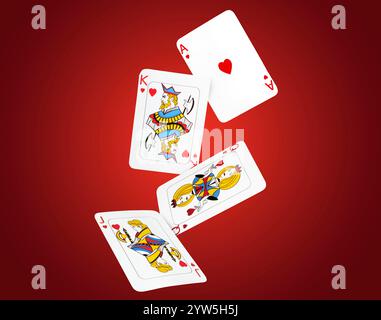 Cartes à jouer de coeurs costume dans l'air sur fond dégradé rouge. Jeu de poker Banque D'Images