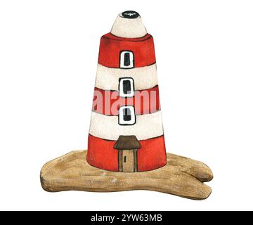 Phare rouge sur l'île. Élément Seascape isolé sur fond blanc. Illustration stylisée d'enfants à l'aquarelle dessinée à la main. Vieille mer Banque D'Images