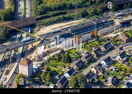 Vue aérienne, chantier majeur à l'échangeur de Kaiserberg sur les autoroutes A40 et A3, ponts d'autoroutes et ponts ferroviaires, Duissern, Duisbur Banque D'Images