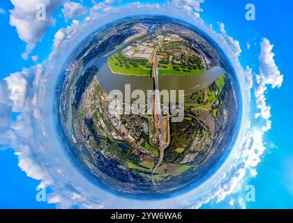 Vue aérienne, autoroute A40 pont du Rhin Neuenkamp avec site de construction, globe terrestre, image fisheye, image à 360 degrés, monde minuscule, petite planète, fishe Banque D'Images