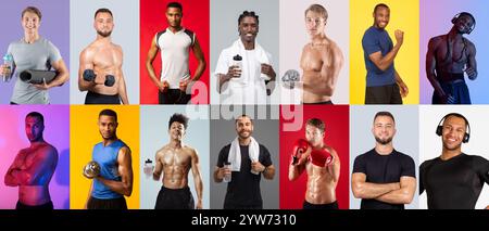 Groupe diversifié d'hommes présentant la forme physique et la force dans des poses dynamiques Banque D'Images