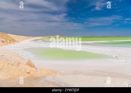 Eau salée et émeraude du lac Qarhan ou Chaerhan autour de la ville de Golmud, Qinghai, Chine. Copier l'espace pour le texte Banque D'Images