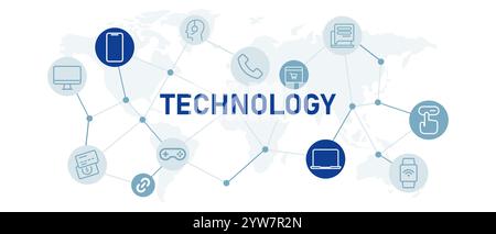 L'ensemble d'icônes de technologie décrit le dispositif multimédia de logiciel de technologie moderne utilisé par le client utilisateur à partir de la conception d'en-tête Web de l'ordinateur de la société Illustration de Vecteur