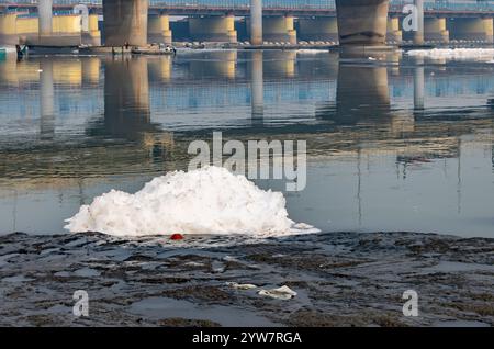 Mousse toxique des effluents industriels et domestiques dans la rivière contaminée le matin Banque D'Images