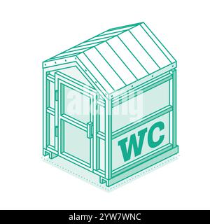 Toilette chimique portative. Cabine de toilettes sèches isométriques. Illustration vectorielle. Objet isolé sur blanc. Style de contour. Illustration de Vecteur
