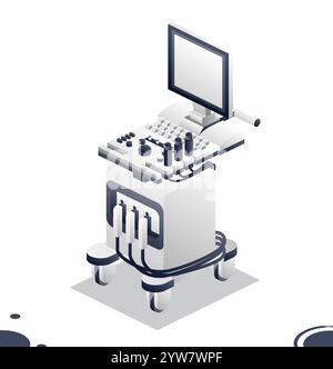 Scanner à ultrasons avec un écran. Objet moderne isométrique isolé sur fond blanc. Illustration vectorielle. Système de diagnostic médical. Illustration de Vecteur