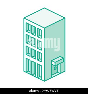 Bâtiment isométrique. Illustration vectorielle. Icône ou symbole. Concept d'appartement de bureau et de ville. Style de contour. Illustration de Vecteur