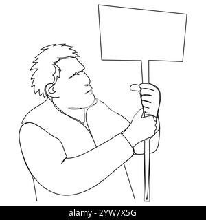 Un manifestant avec les cheveux touffus, un regard sérieux et un transporteur. Illustration de Vecteur