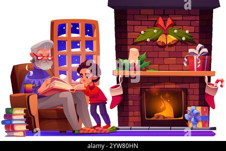 Cartoon Cozy scène à la maison de Noël avec grand-père lisant livre à enfant garçon près de la fenêtre enneigée d'hiver, cheminée en brique décorée avec des cloches, des bougies et du houx, bas à côté du feu brûlant, boîte cadeau. Illustration de Vecteur