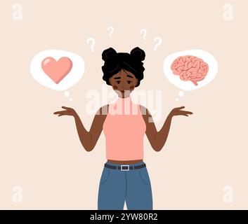 Équilibre cérébral et cardiaque. Concept de santé mentale. Personnage féminin africain de dessin animé Making Life Decision. Illustration vectorielle dans un style plat Illustration de Vecteur