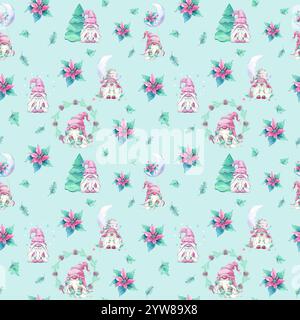 GNOME avec motif aquarelle de fleurs rouges vertes Banque D'Images