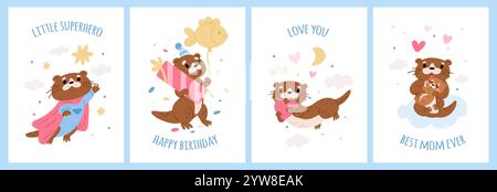 Cartes de loutres mignonnes. Drôles de petits animaux marins. Fête d'anniversaire pour enfants. Joyeuse fête des mères. Amour confession vacances de Saint-Valentin. Mascotte de belvédère de dessin animé avec Illustration de Vecteur