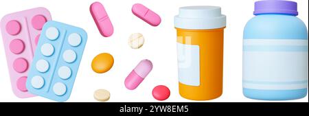 Pilules éléments 3D. Comprimés, médicaments bouteilles en plastique et emballage. Différents produits pharmaceutiques pour le traitement, vitamines, capsules, collection réaliste vectorielle Illustration de Vecteur