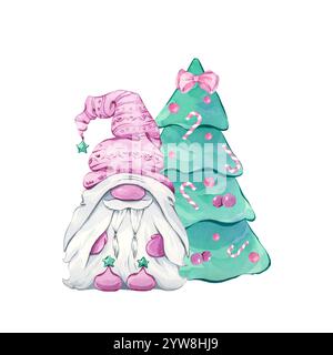 GNOME près de l'arbre de Noël sur un fond blanc à l'aquarelle Banque D'Images
