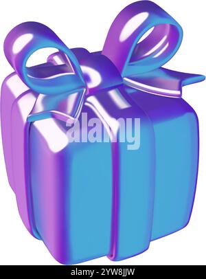 Icône vectorielle holographique de boîte cadeau 3D. Cadeau d'anniversaire dégradé métallique violet et bleu ou illustration surprise de Noël isolé sur fond blanc Illustration de Vecteur