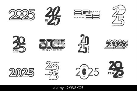 2025 numéros de calendrier avec salutation du nouvel an heureux pour la date de vacances, icônes vectorielles définies. 2025 bonne année en texte rétro ou moderne de police tendance pour calendrier, affiche d'invitation ou bannière de médias sociaux Illustration de Vecteur