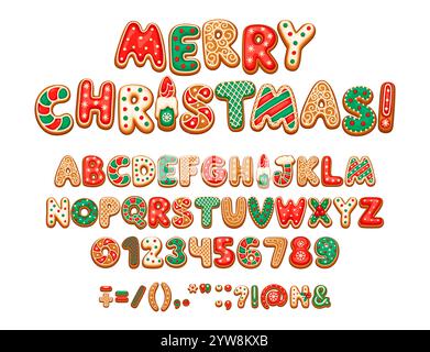 Police pain d'épices de Noël, police de caractères x mas, type nouvel an, alphabet pâtissier anglais. Personnages abc festifs décorés de glaçage, de motifs de bonbons et de couleurs de vacances. Lettres, chiffres et symboles cookies Illustration de Vecteur