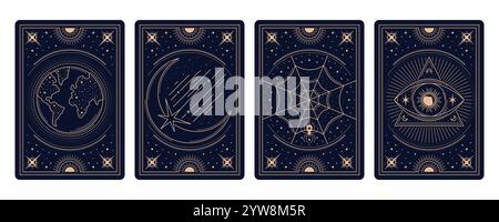 Cartes magiques de Tarot occulte avec des cadres célestes ésotériques, des arrière-plans vectoriels. Les cartes de tarot inversent les decks et les couvertures avec des cadres dorés, le soleil ésotérique mystique magique et la lune, les étoiles et la pyramide franc-maçon Illustration de Vecteur