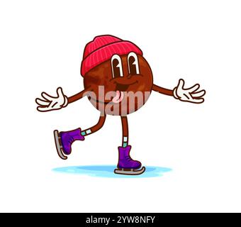 Le personnage groovy de noix de macadamia de Noël glisse gracieusement sur la patinoire, portant un bonnet et des patins. Le personnage vectoriel de dessin animé isolé sort de sa langue créant une ambiance amusante de vacances d'hiver Illustration de Vecteur