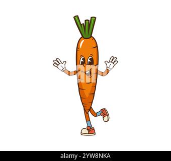 Personnage végétal de carotte groovy de dessin animé avec le visage mignon, vecteur comique drôle. Carotte groovy funky avec le sourire et l'émotion heureuse pour la nourriture végétale drôle ou emoji végétarien joyeux dans des chaussures hipster Illustration de Vecteur