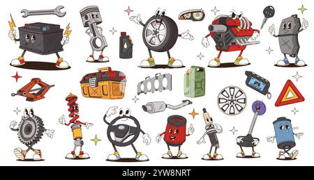 Rétro dessin animé groovy pièce de rechange de voiture et personnages d'outil, vecteur funky comic. Groovy drôle moteur de voiture avec le visage joyeux, l'équipement stupide avec le sourire bizarre et la roue de pneu heureuse avec le caractère emoji clé Illustration de Vecteur