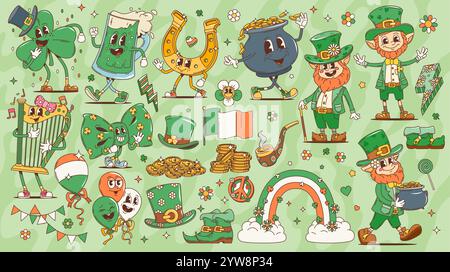 Personnages groovy du jour de la Saint Patrick. Leprechauns et pièces d'or, trèfle trèfle trèfle et personnages vectoriels irlandais rétro groovy arc-en-ciel. St Patricks vacances leprechauns drôles avec chapeaux et or Illustration de Vecteur