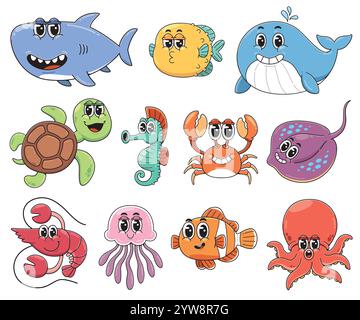Mignon personnage de Cartoon Sea Animals, animaux sous-marins Cartoon Illustration de Vecteur
