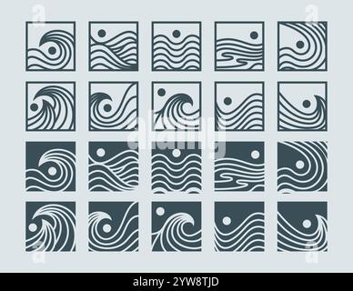 Ensemble de logo carré « Sunset Ocean Beach Wave » Illustration de Vecteur